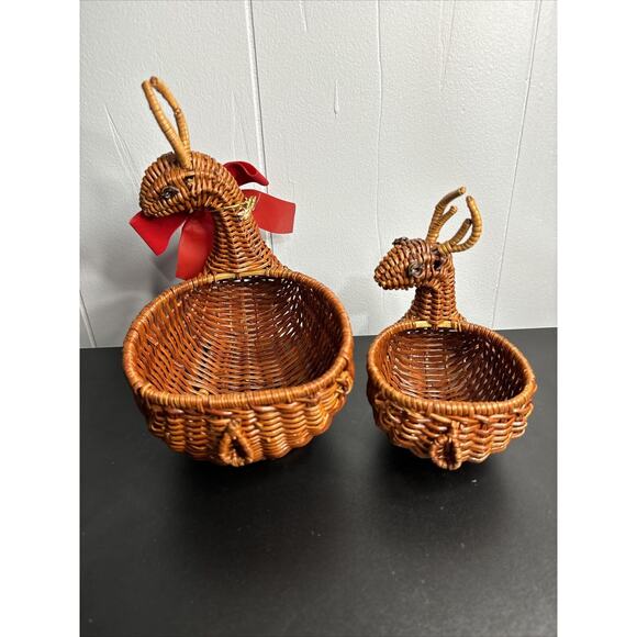 Vintage Nesting Deer Baskets Brown Wicker Reindeer Rattan Planter Weave Woven - Picture 5 of 16
